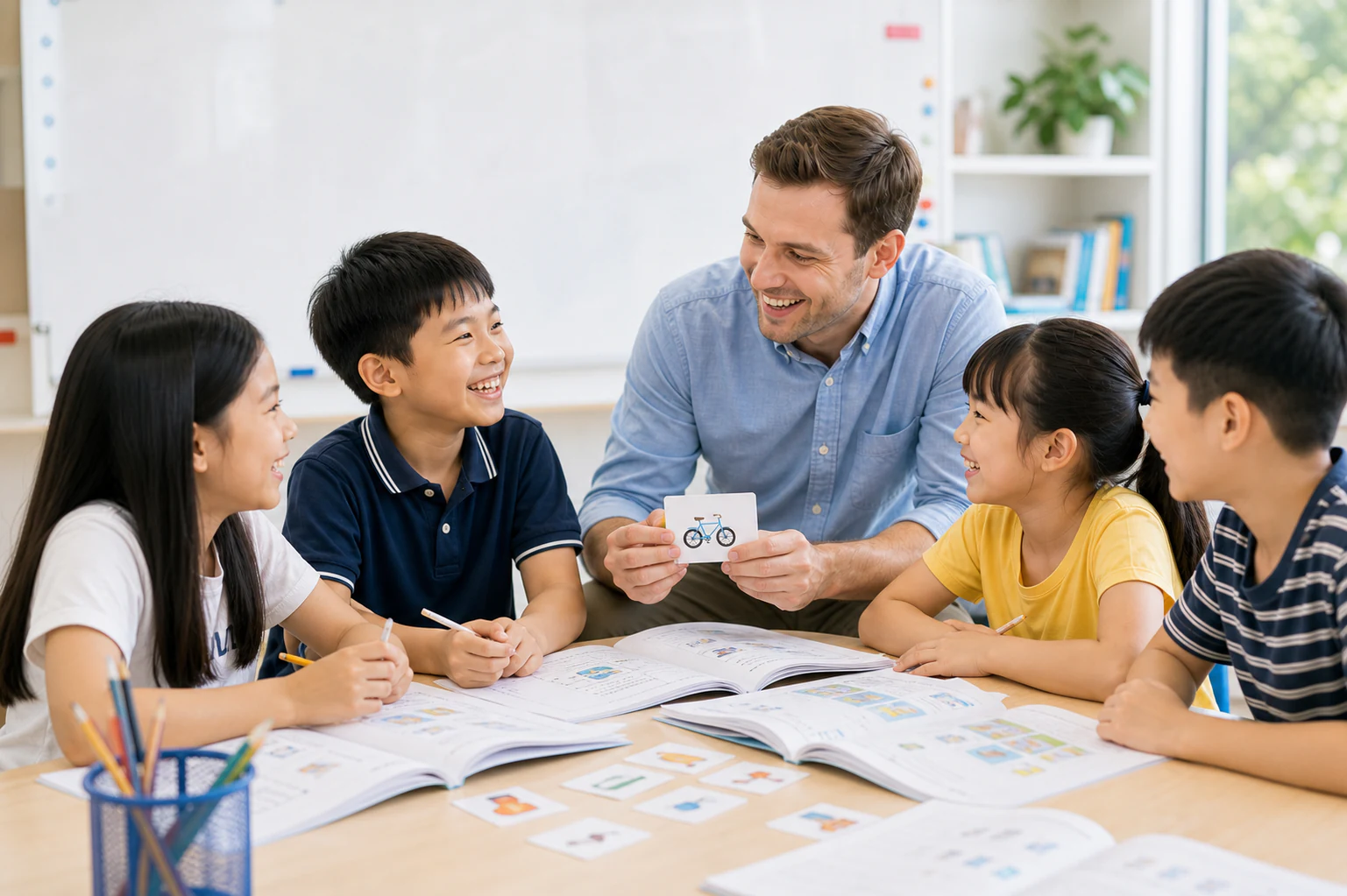 Nhóm học sinh học tiếng Anh vui vẻ cùng giáo viên nước ngoài trong lớp học